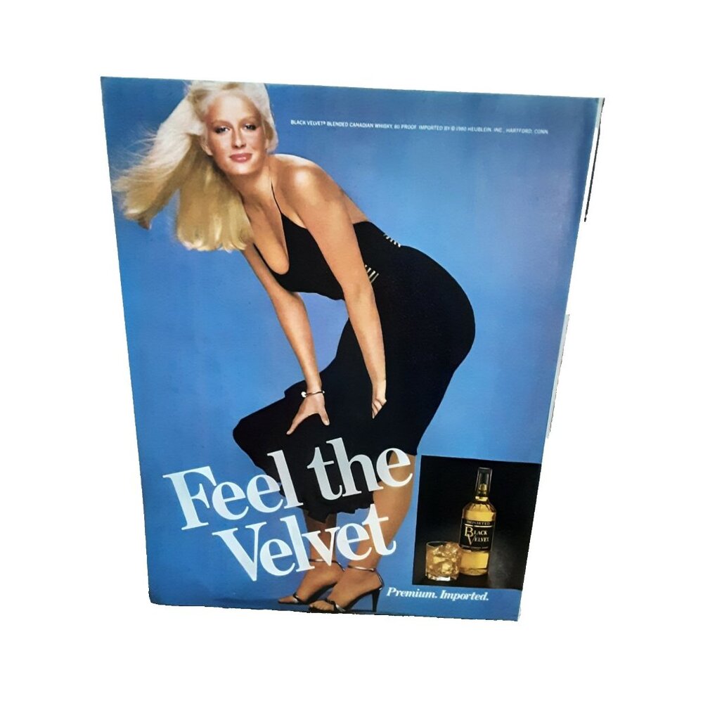 1981 Black Velvet Whiskey Print Ad Sexy Blonde Model Feel the Velvet Bar Decor